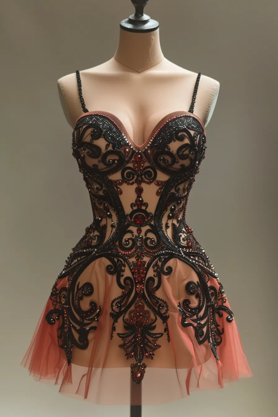 Dress with Shimmering Embroidery and Transparent Skirt in a Unique Style