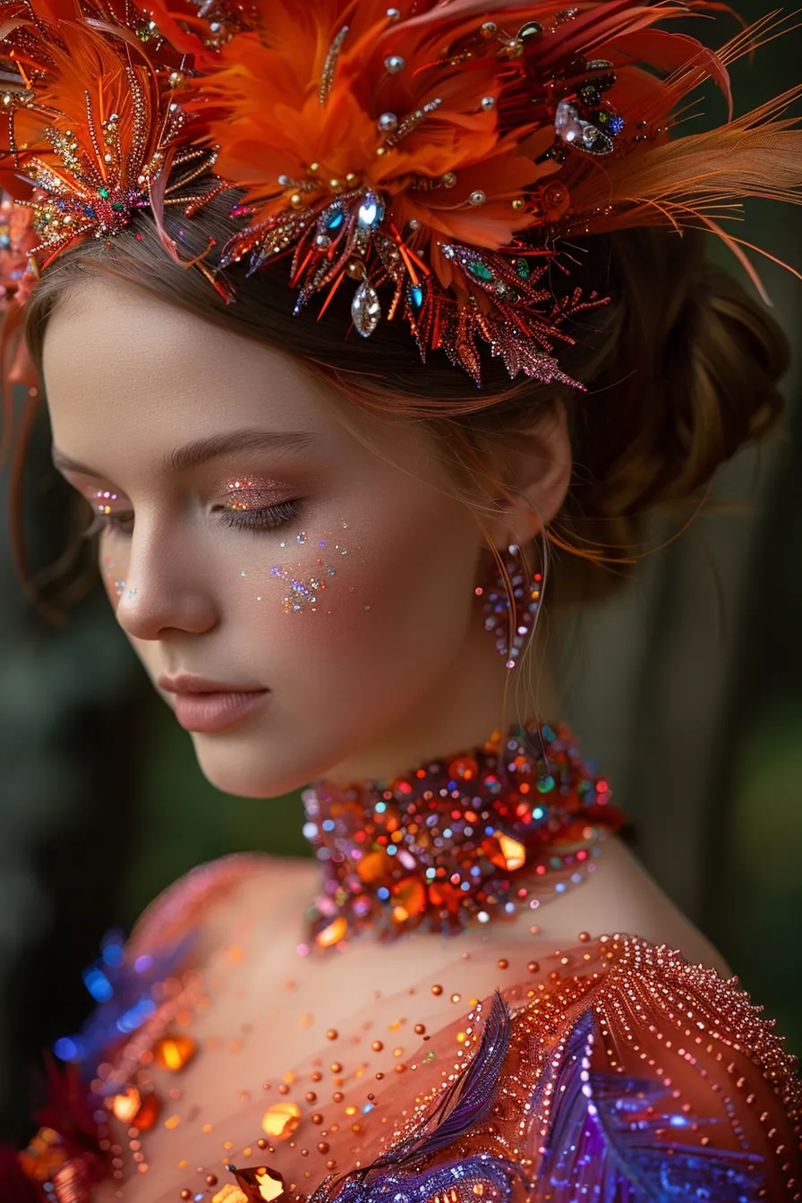Detailed portrait of a girl with a bright headdress and dazzling makeup.