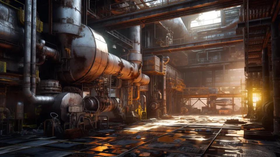 Factory interior with large pipes and light from windows