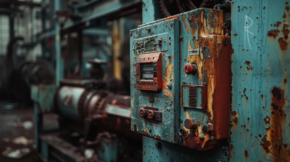 Worn-out control panel with rust and buttons at an old factory