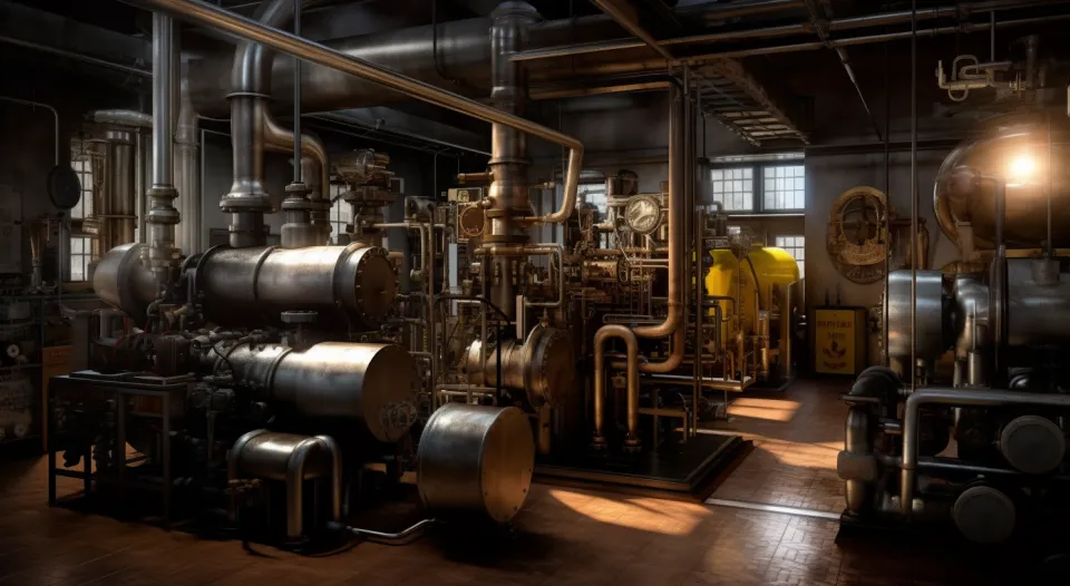 Manufacturing space with metallic machine installations and pipes