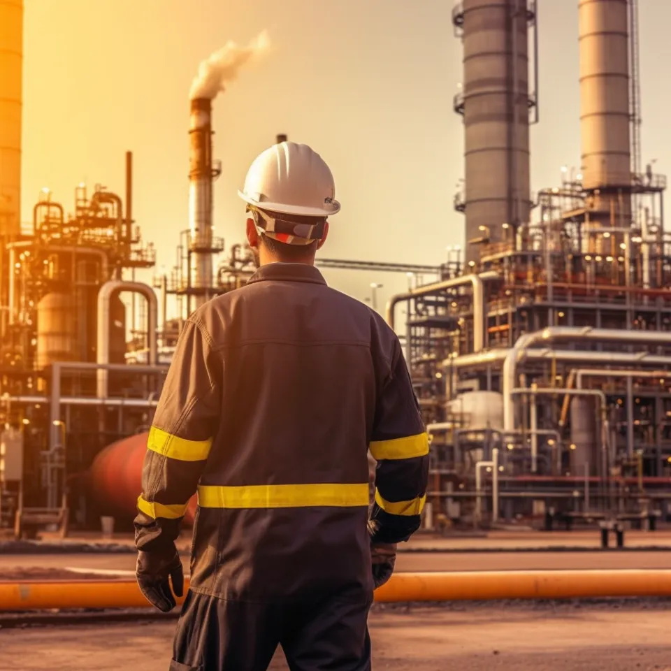Рабочий в защитной одежде на фоне нефтяного завода в вечернее время