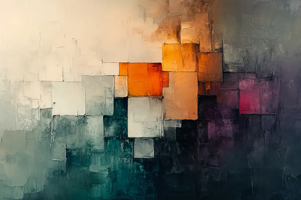 Pintura abstracta estilizada con bloques rectangulares de diferentes colores