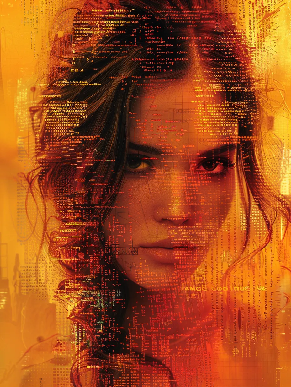 Retrato de mujer superpuesto con códigos digitales y tonos cálidos