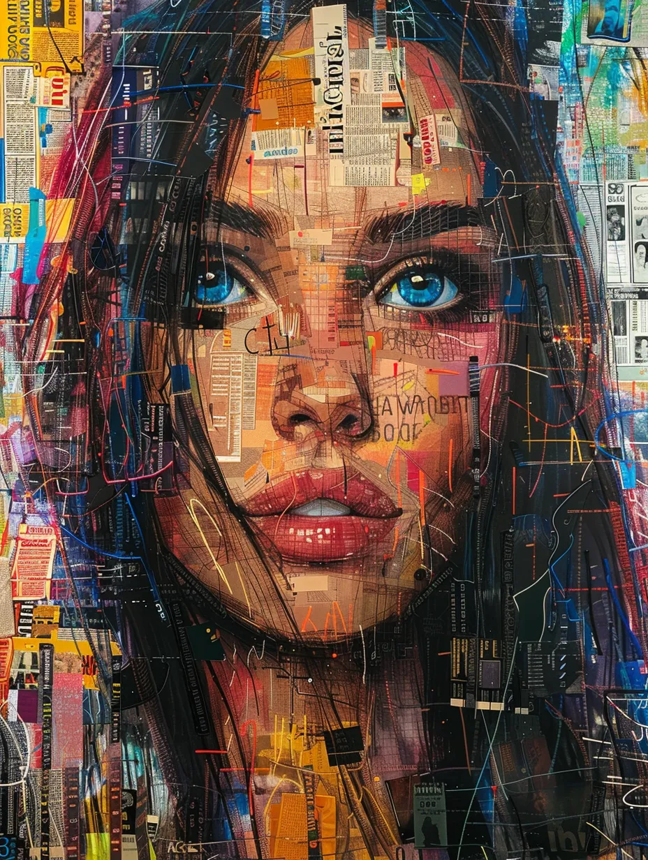 Abstract portrait of a girl with bright features against a background of text elements