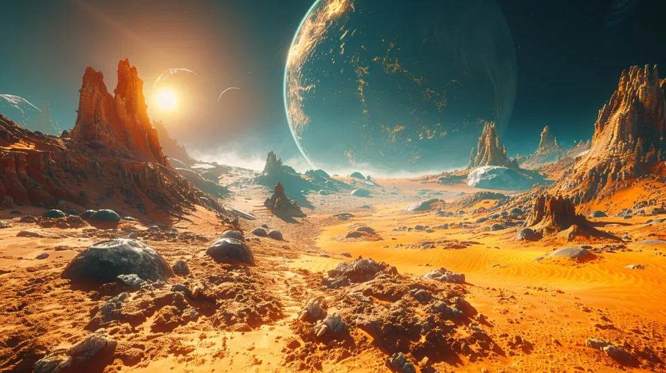 Fantastic cosmic landscape with a bright sun and strange formations on the surface