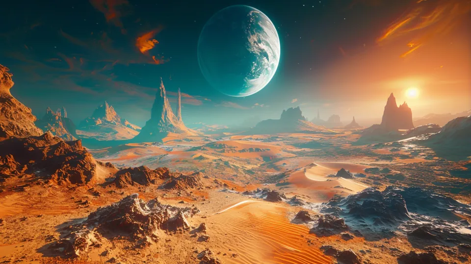 Fantastic landscape on another planet with mountains and large planets in the sky