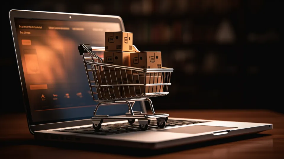 Carrito de compras en una laptop con cajas de productos dentro