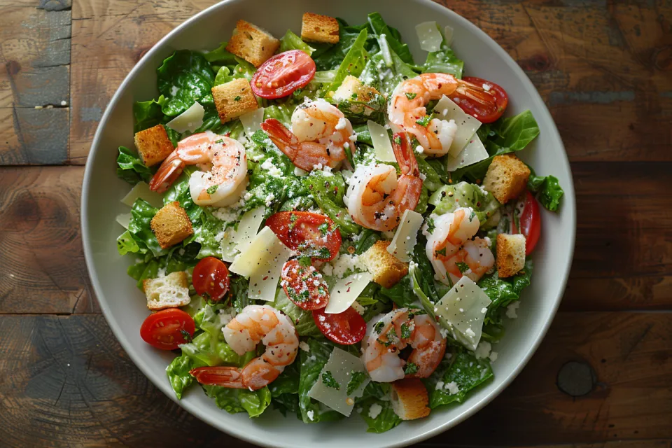 Salad with Shrimp, Tomatoes, and Croutons on a Wooden Table Background