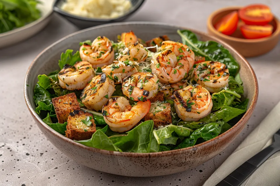 Beautiful presentation of shrimp salad on green salad leaves
