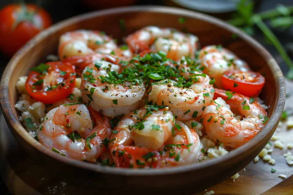 Porción de camarones frescos con tomates y hierbas en un plato de madera