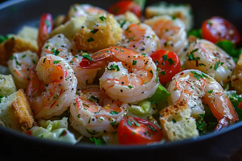 Salad with shrimp, tomatoes, and toasted bread