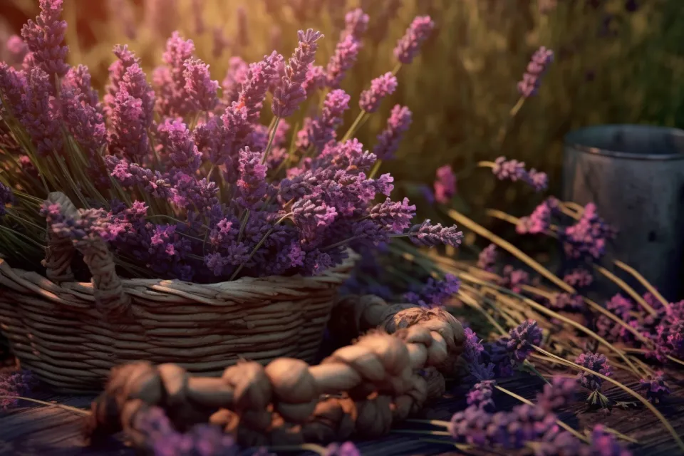 Cesta trenzada con flores de lavanda sobre un fondo natural