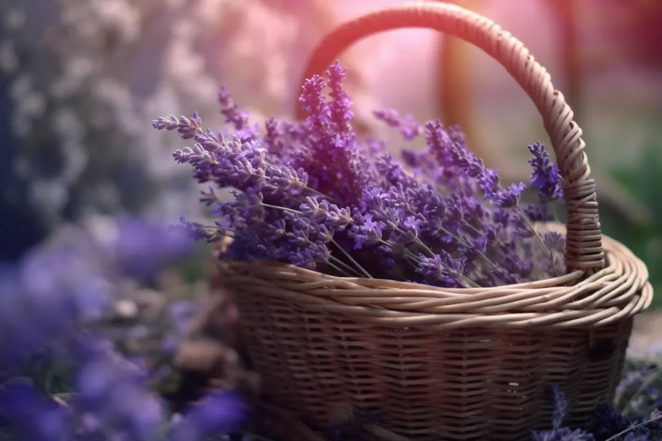 Cesta llena de lavanda situada sobre un fondo verde