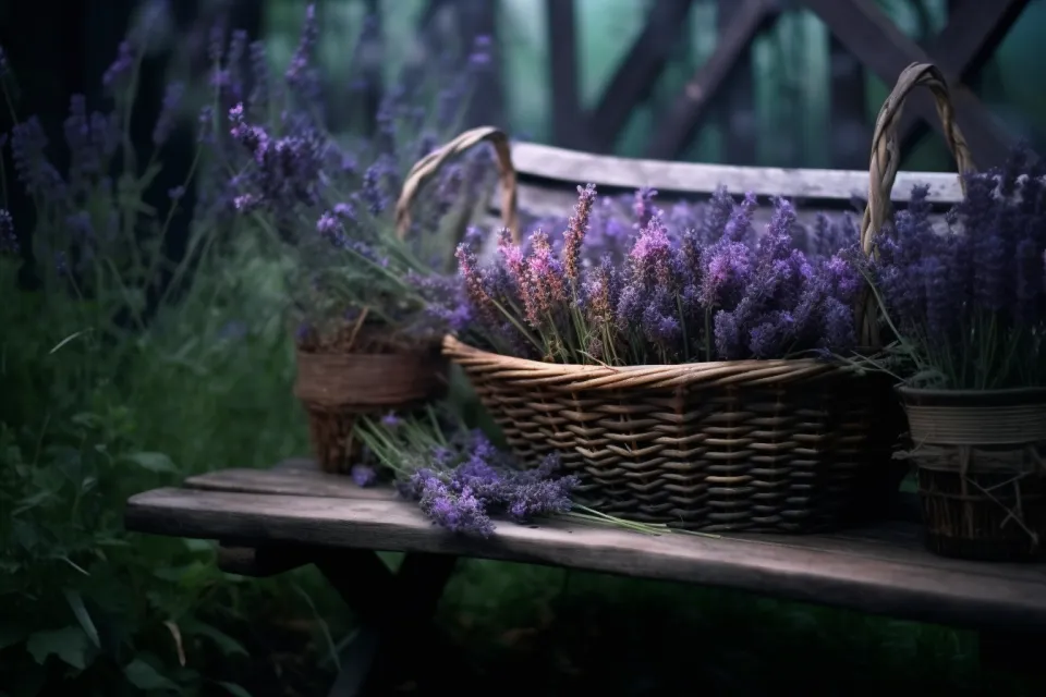 Lavanda en cestas trenzadas sobre un banco de madera en un entorno verde