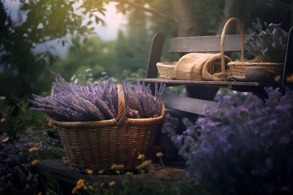 Basket of lavender on a bench in a green garden