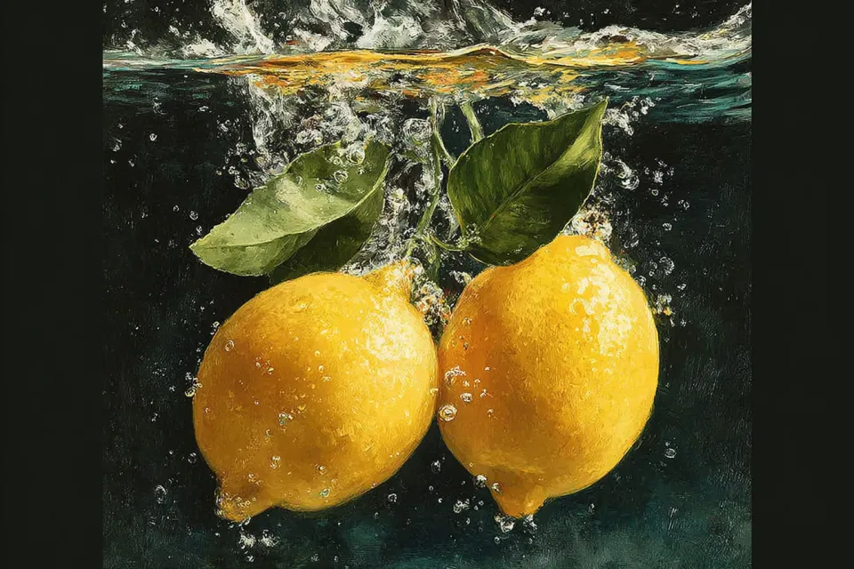 Dos limones frescos bajo el agua con hojas y burbujas de aire