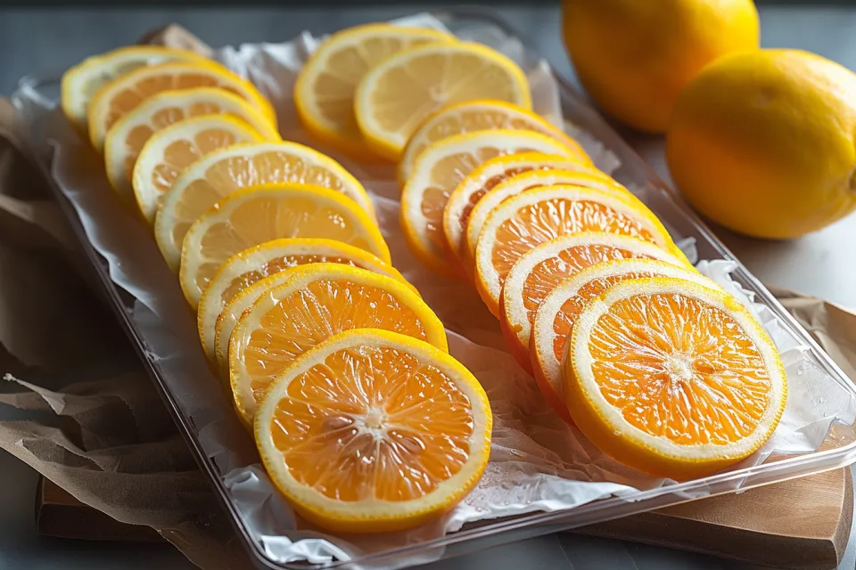 Rodajas de naranja y limón en una bandeja blanca, refrescantes y brillantes