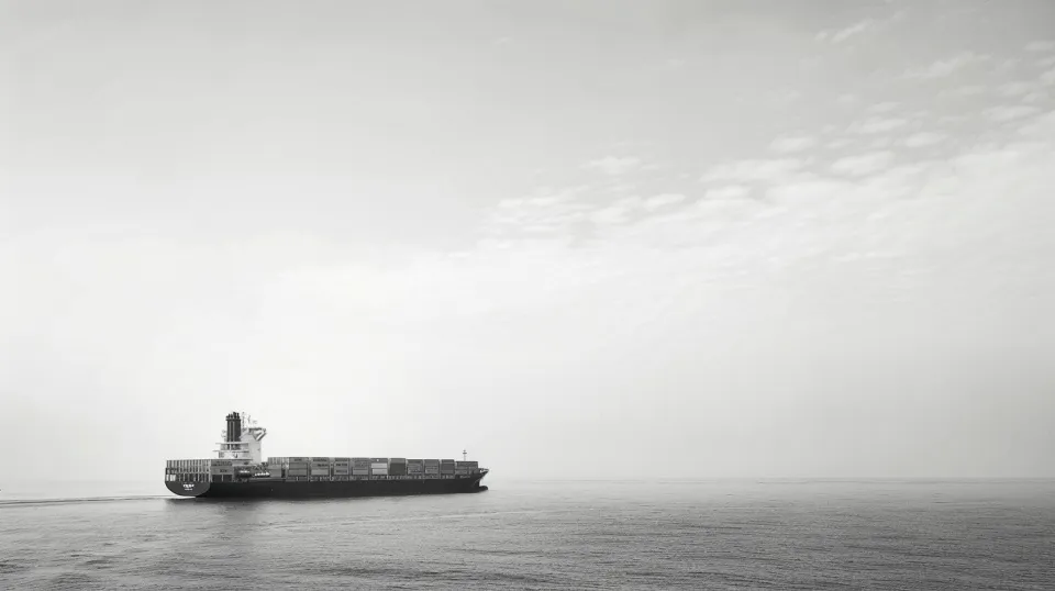 A large container ship sailing across a calm sea and sky