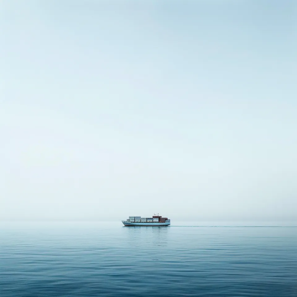 Cargo ship in the tranquil open sea under a bright sky