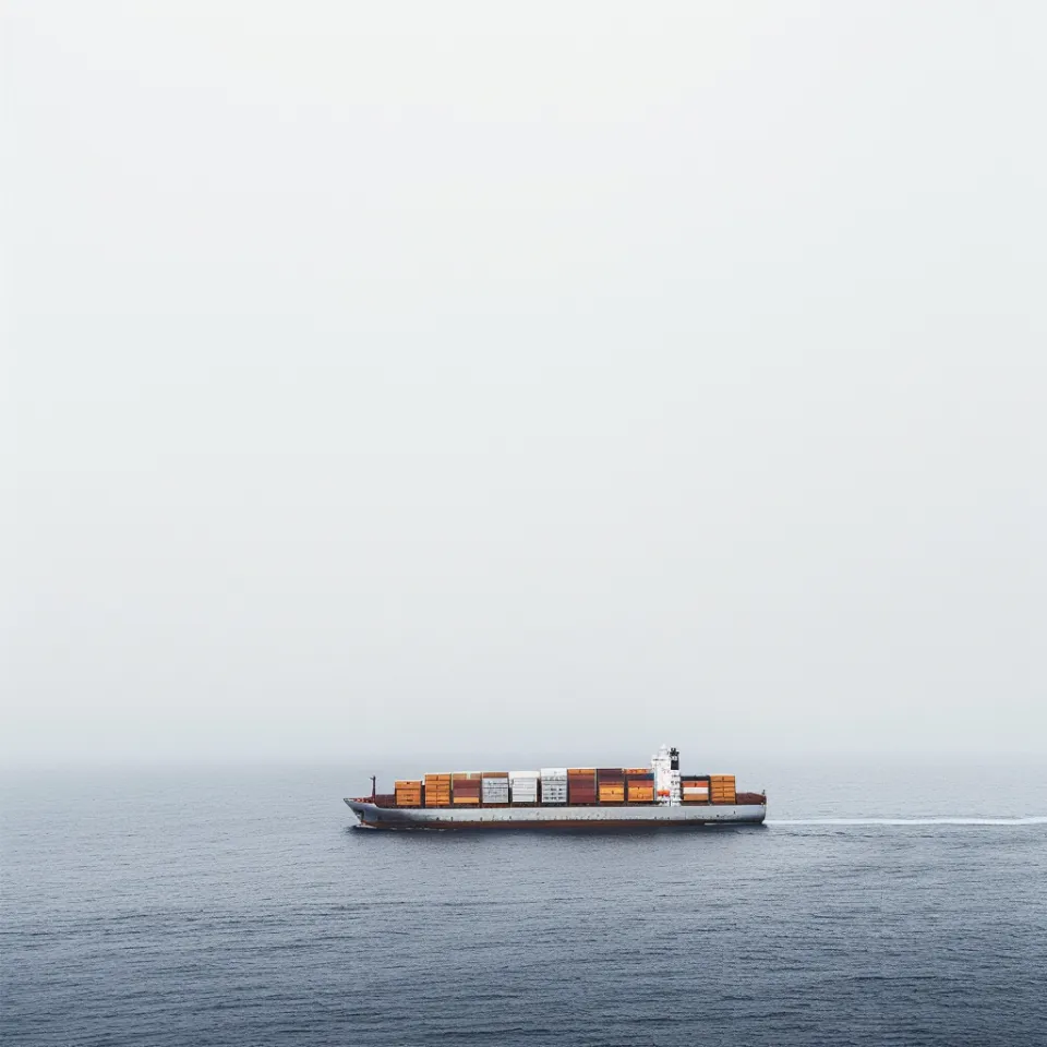 Large container ship sailing through calm seas on a foggy morning