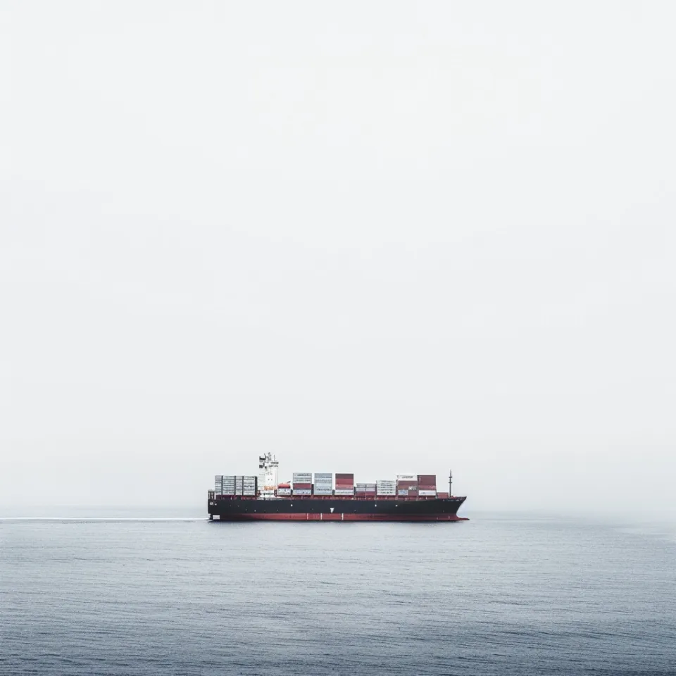 Large container ship against the backdrop of a gray sea and clouds