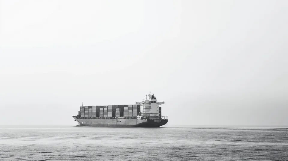 Photo of a container ship against a calm sea under a gray sky