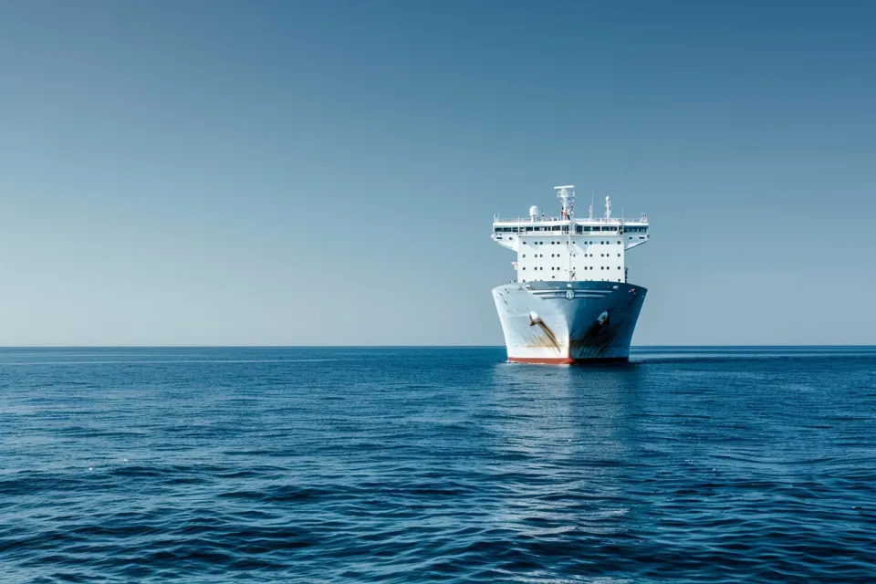 Large cargo ship against the blue ocean and clear sky
