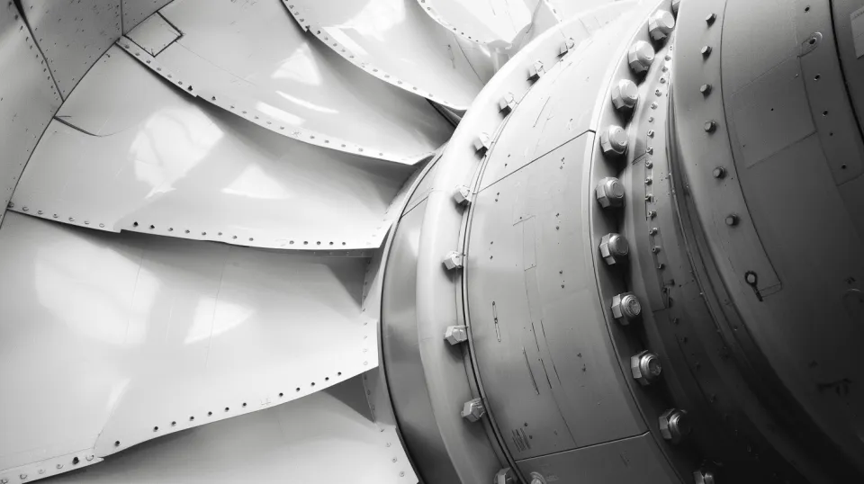 Close-up of aviation turbocompressor parts with visible blades and fittings