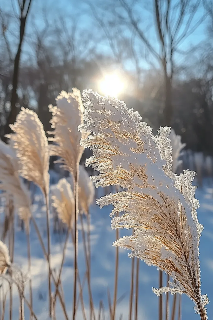 Hierba de pampa cubierta de escarcha, con el sol de invierno de fondo