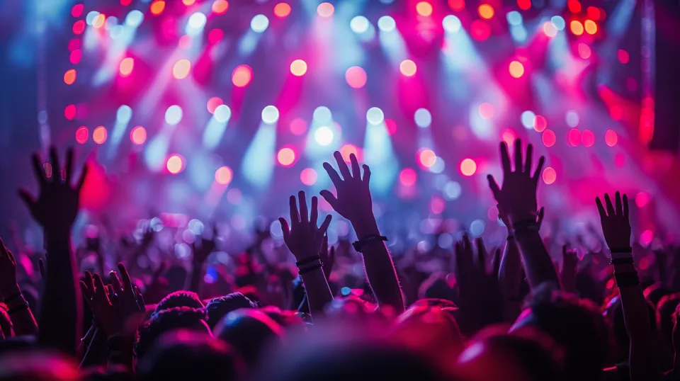 Crowd at a concert with raised hands, surrounded by bright lights