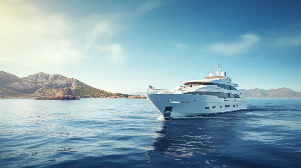 The yacht glides through calm waters, surrounded by mountains and sky