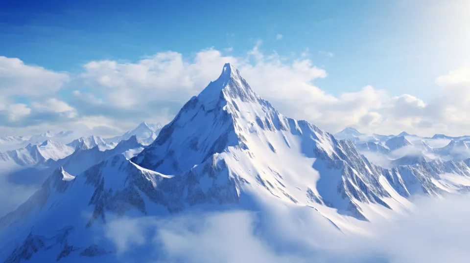 Snow-Capped Mountains with a Bright Blue Sky and Clouds