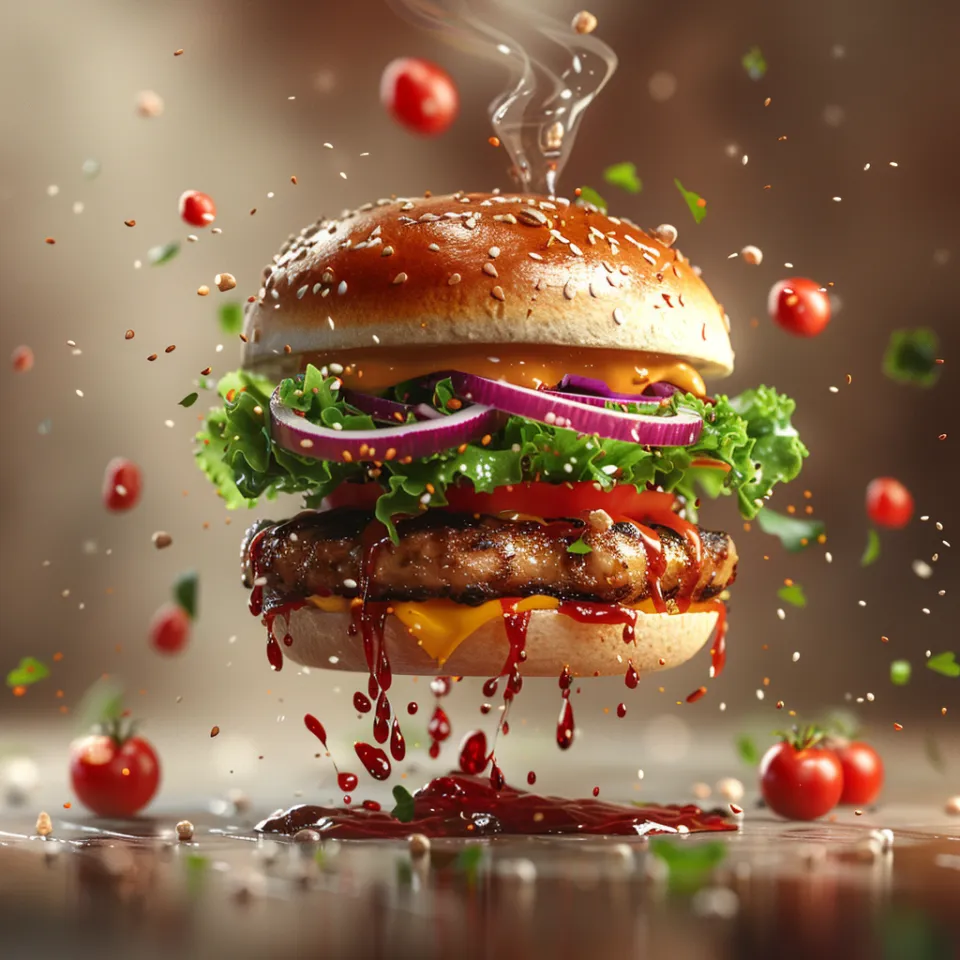 Burger with meat patty, fresh vegetables, and sauce against a blurred background of tomatoes
