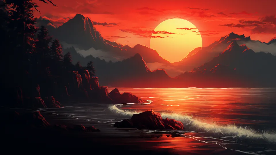 Beautiful sunset panorama with mountains and sea