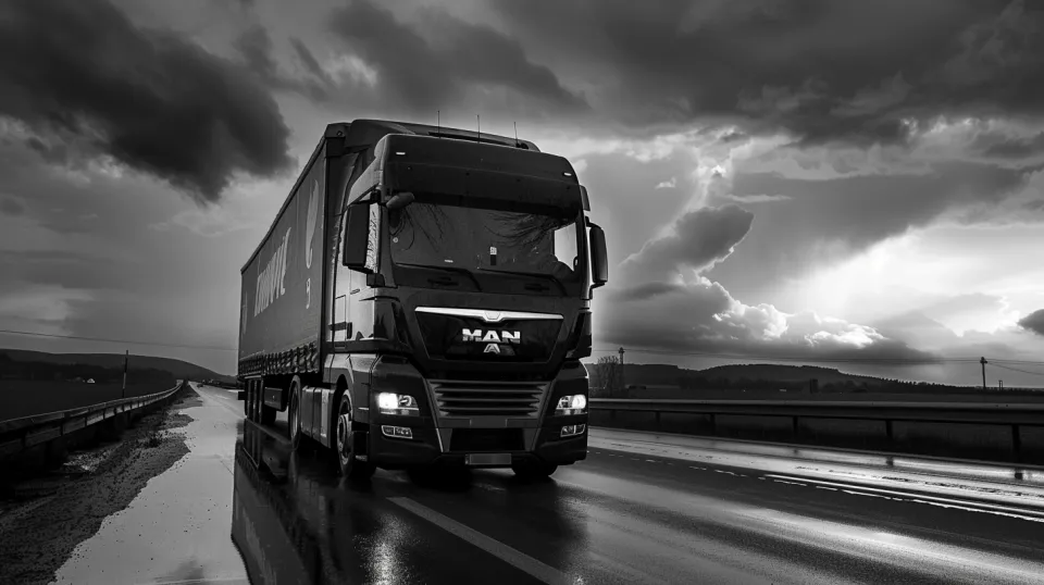 Black and white MAN truck driving on a rainy road