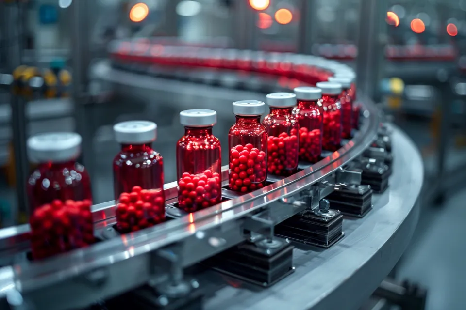 Embalaje de caramelos rojos en botellas en la línea de producción