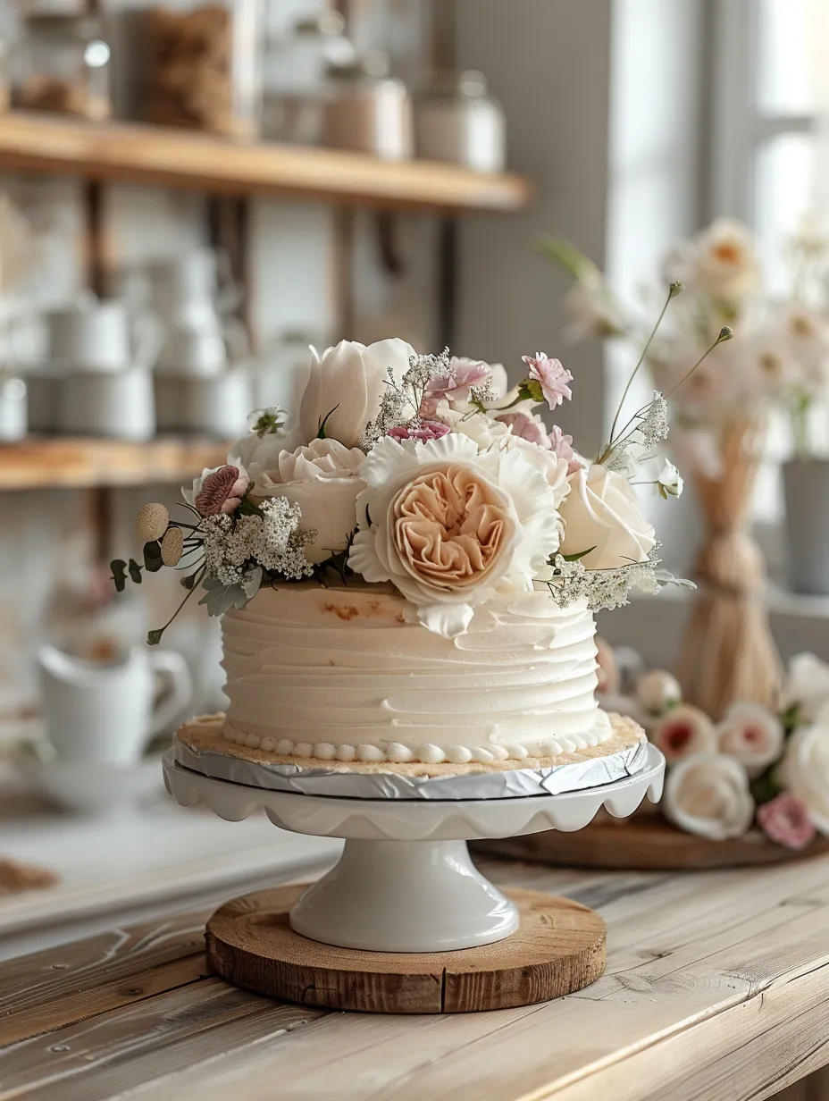 Pastel con cobertura cremosa y flores sobre un fondo claro