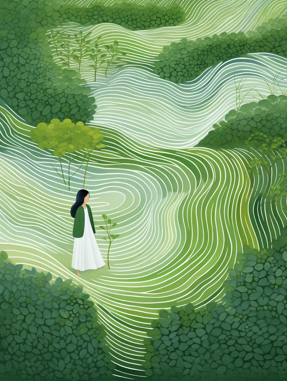 Illustration of a woman in a white dress among green plants