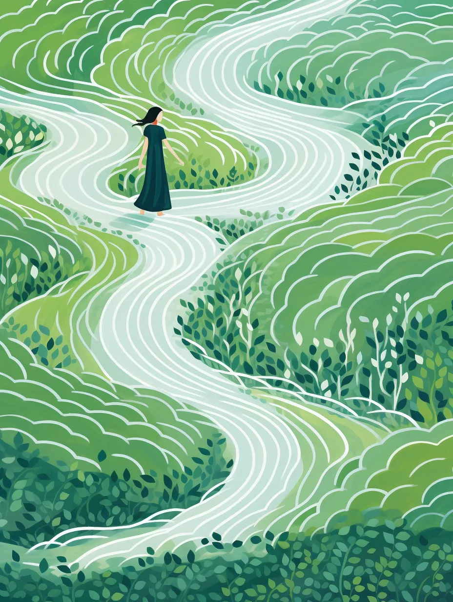 Illustration of a woman walking on a winding path amid green hills