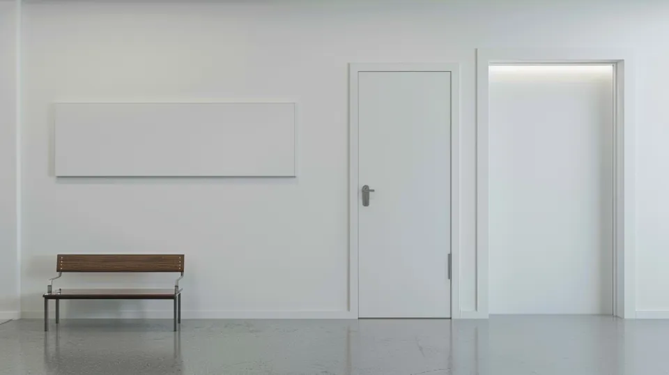 Minimalist interior of a white room with a bench and doors