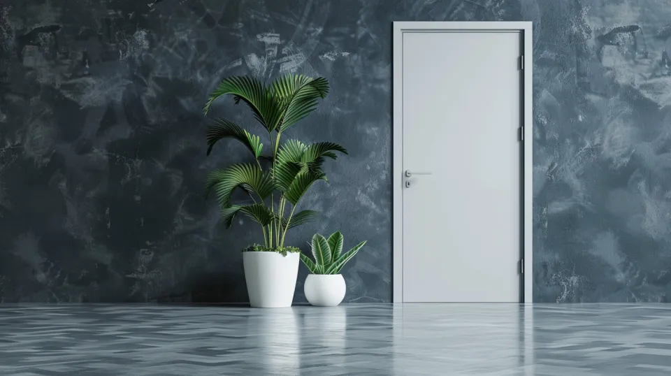 Interior with White Door and Potted Plants Against Gray Wall