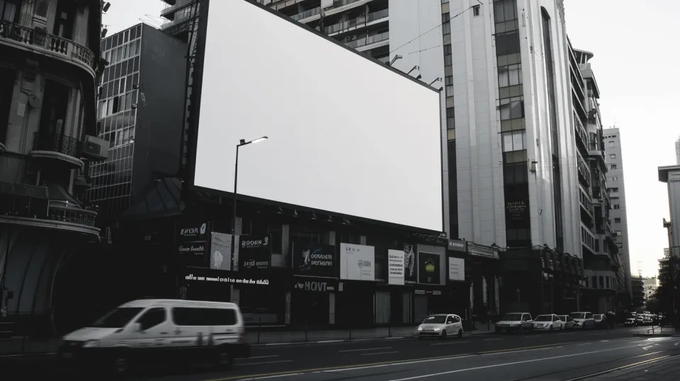 Gran valla publicitaria vacía frente a edificios altos