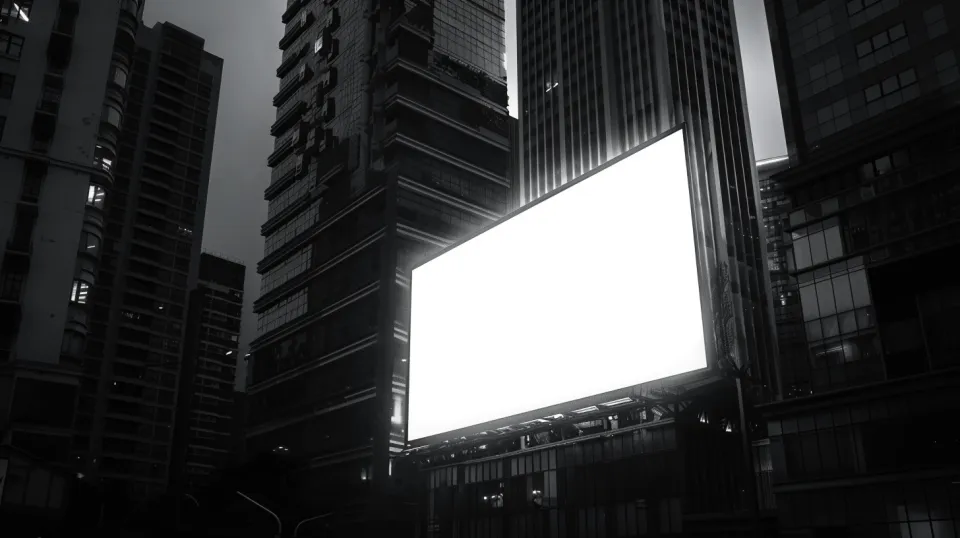 Valla publicitaria vacía entre altos edificios en horario nocturno
