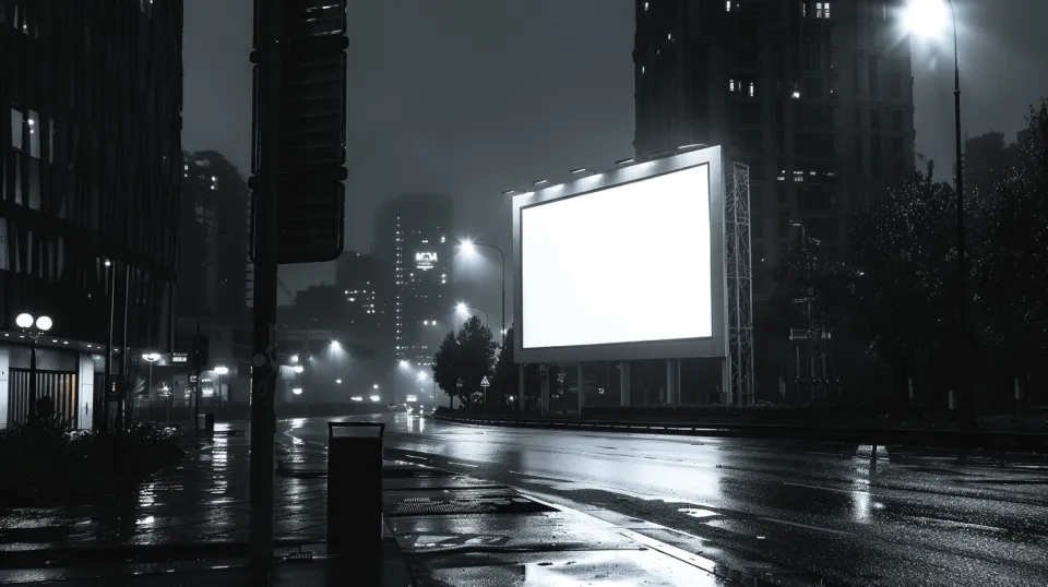 Billboard without advertising against the backdrop of a rainy night city