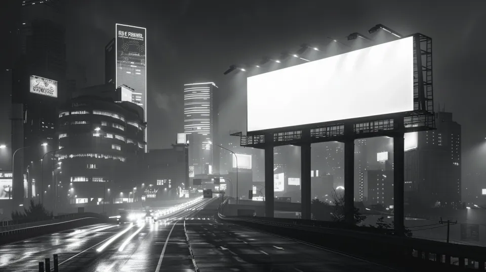 Night Cityscape with Illuminated Buildings and Empty Billboard