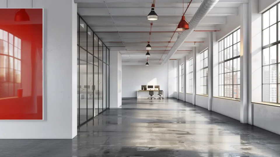 Stylish office space with a red painting on the wall and glass-partitioned offices