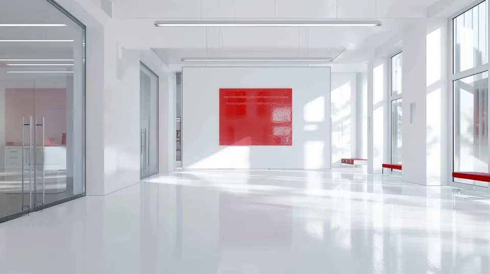 Bright room with a red painting on a white wall