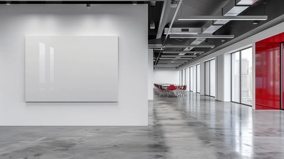 Spacious office with monochrome interior decoration and an empty wall.