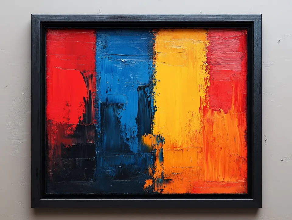 Colorida pintura abstracta utilizando colores rojo, azul y amarillo